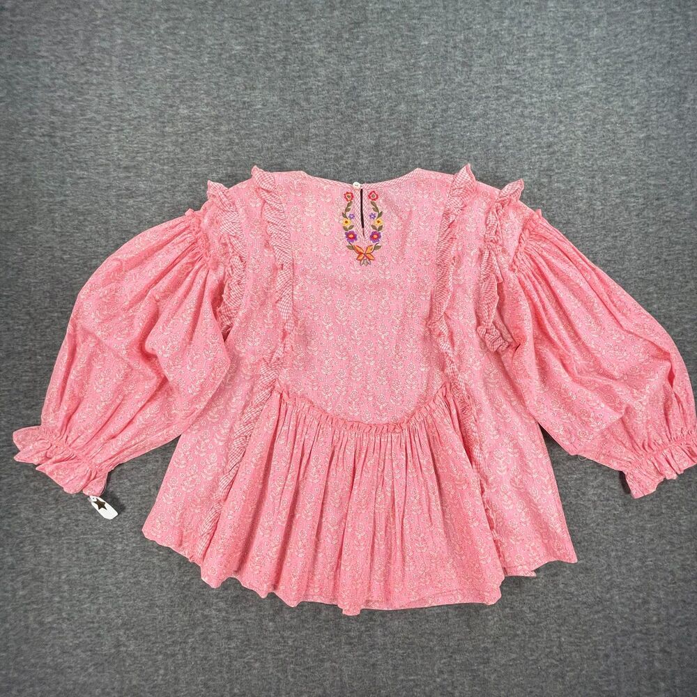 Dee Man India Sample Floral Gingham Ruffle Blouse Embroidered Back Boho S OOAK - Picture 7 of 10